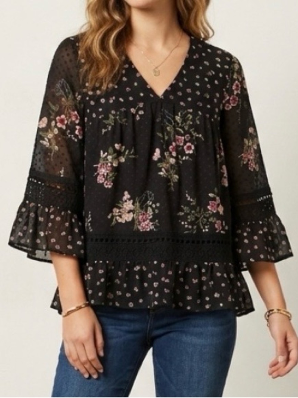 Maeve Anthropologie Steffy Black Floral Swiss Dot Lace Trim Blouse Women’s XS